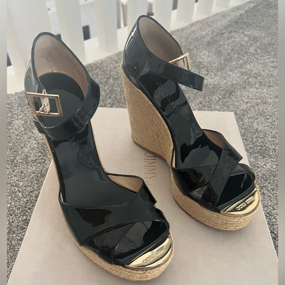 Jimmy Choo Black Patent Wedges with Gold Accents
